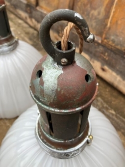 Early 20th Century scalloped milk glass pendant lights in verdigris