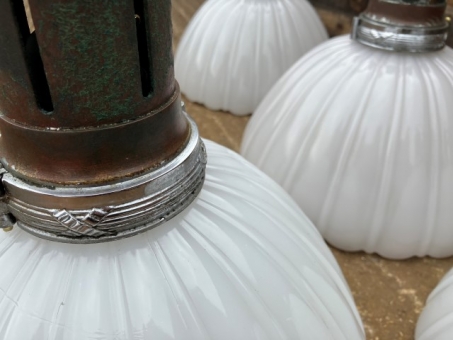 Early 20th Century scalloped milk glass pendant lights in verdigris